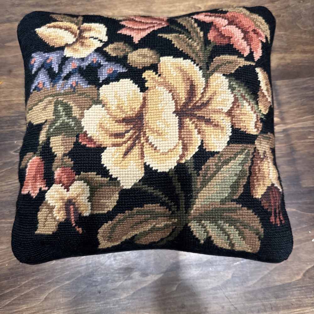 Vintage Floral Wool Black  Needlepoint Throw Pillow  Cottage Decor 11"